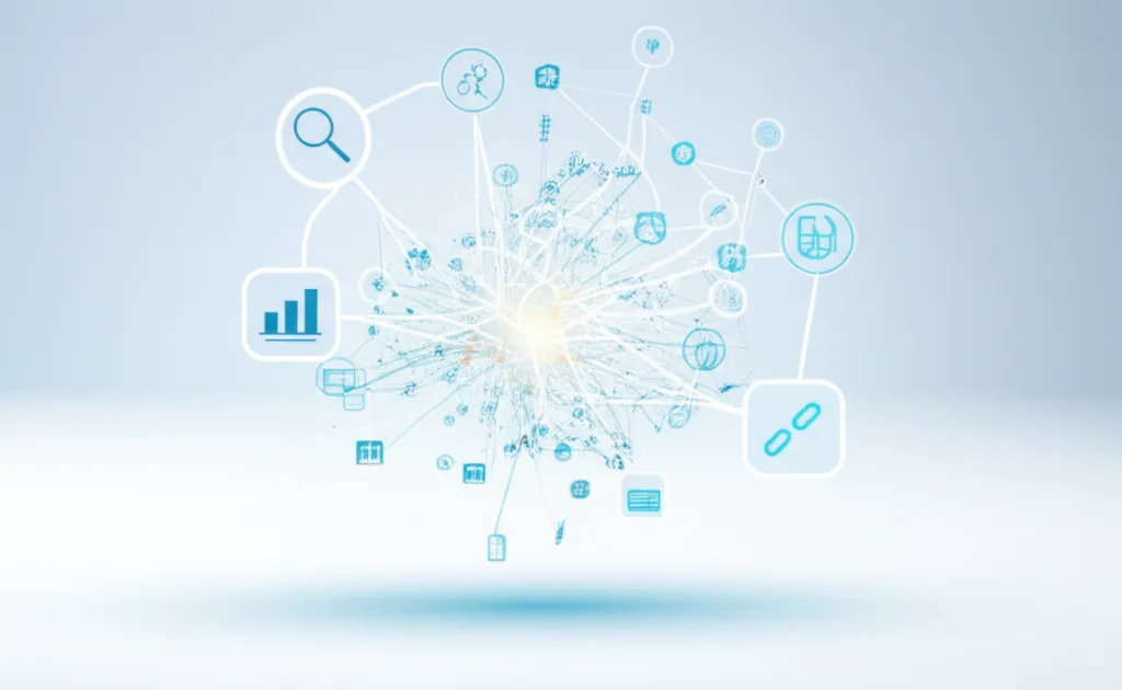 Лучшие инструменты AI SEO 2025 в виде футуристичной нейронной сети, анализирующей данные.