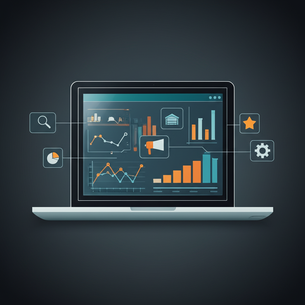 Инфографика, иллюстрирующая лучшие инструменты Amazon Seller 2025, с ноутбуком в центре, окруженным иконками аналитики и управления.