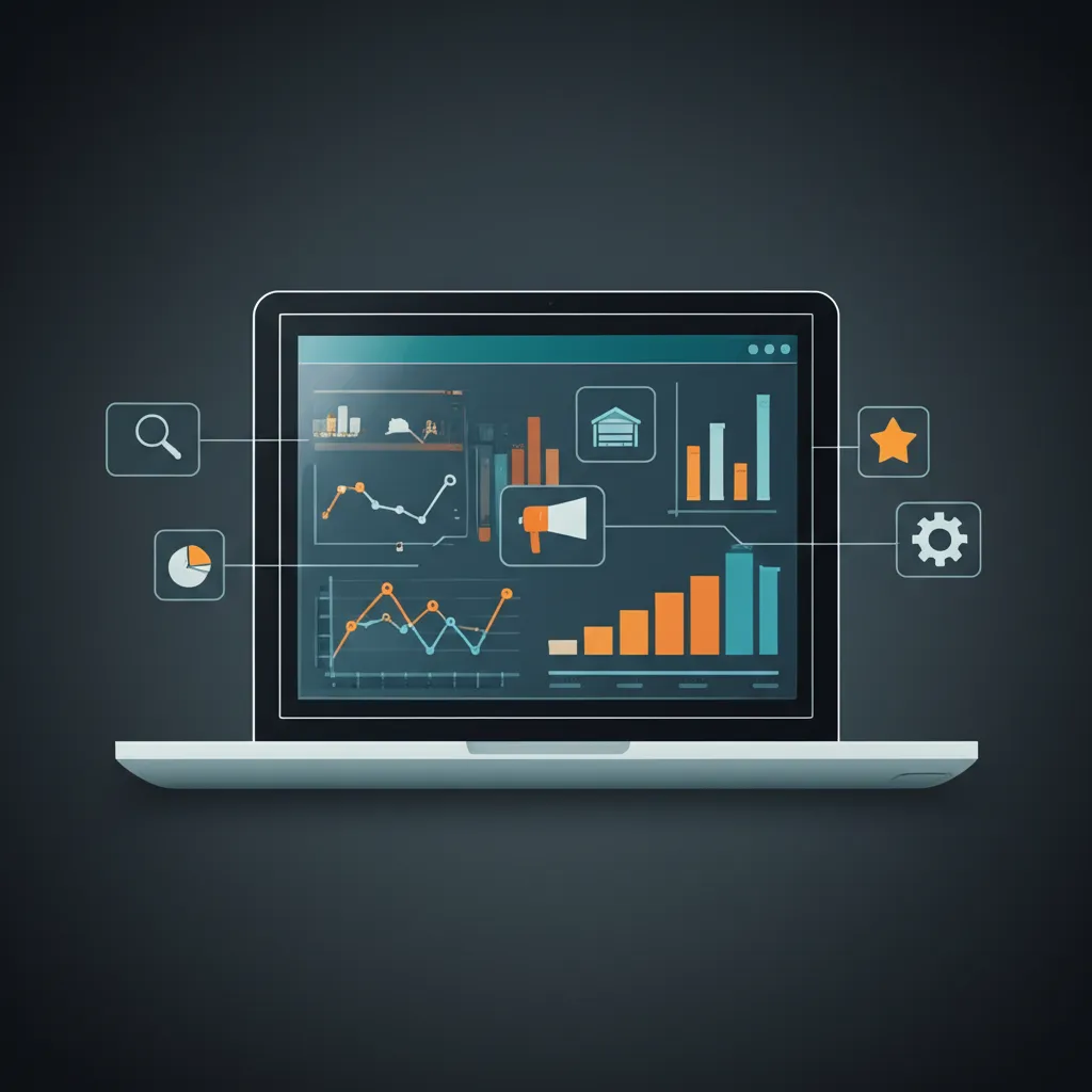 Инфографика, иллюстрирующая лучшие инструменты Amazon Seller 2025, с ноутбуком в центре, окруженным иконками аналитики и управления.