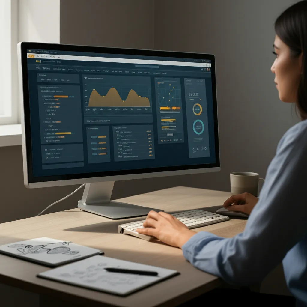 Эксперт использует лучшие инструменты для написания контента на большом мониторе, анализируя данные и создавая SEO-статью.