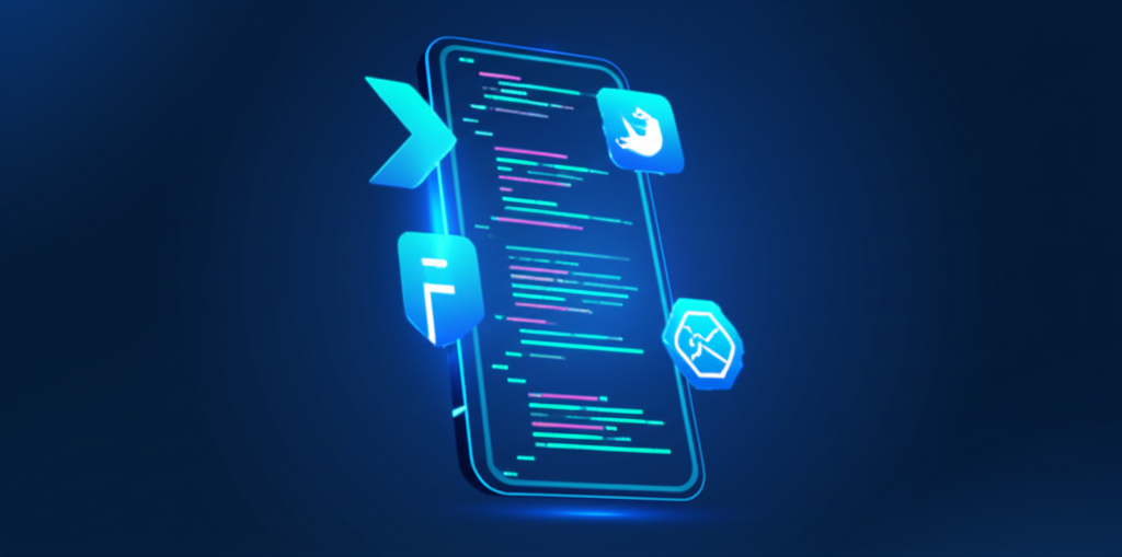 Инфографика, демонстрирующая лучшие инструменты для разработки мобильных приложений 2025: логотипы Flutter, React Native, Swift, Kotlin.