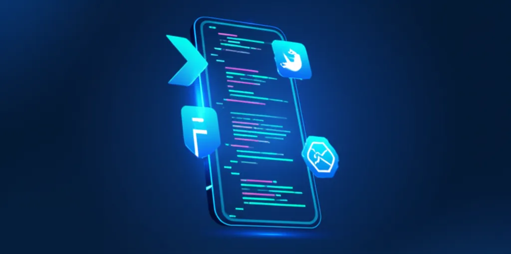 Инфографика, демонстрирующая лучшие инструменты для разработки мобильных приложений 2025: логотипы Flutter, React Native, Swift, Kotlin.