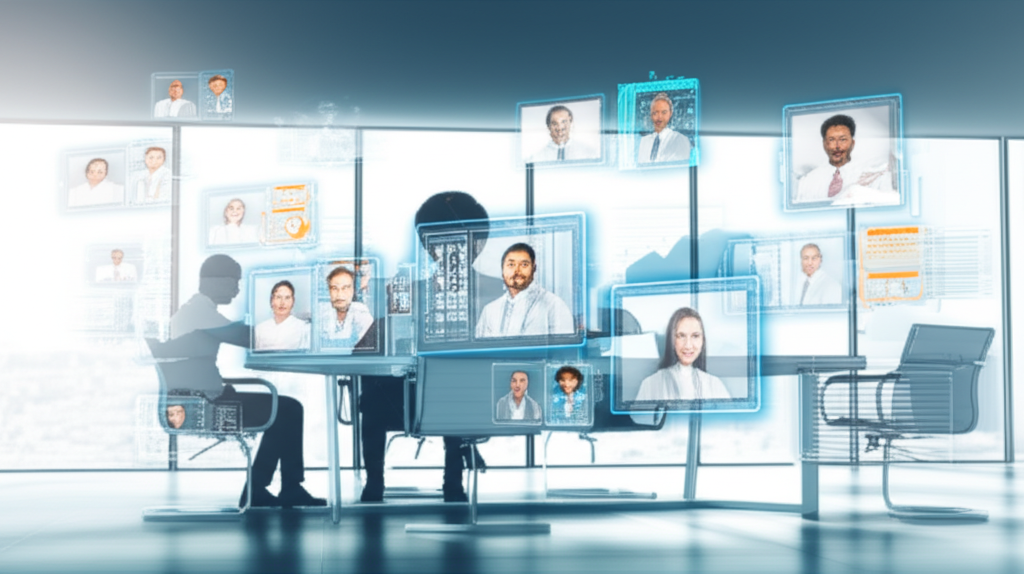 Команда обсуждает проект, используя лучшие инструменты для веб-конференций 2025 в футуристичном офисе.