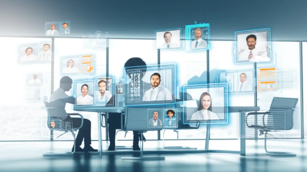 Команда обсуждает проект, используя лучшие инструменты для веб-конференций 2025 в футуристичном офисе.