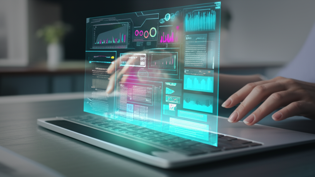 Специалист использует лучшие инструменты ИИ для копирайтинга, управляя генерацией текста на футуристическом интерфейсе.