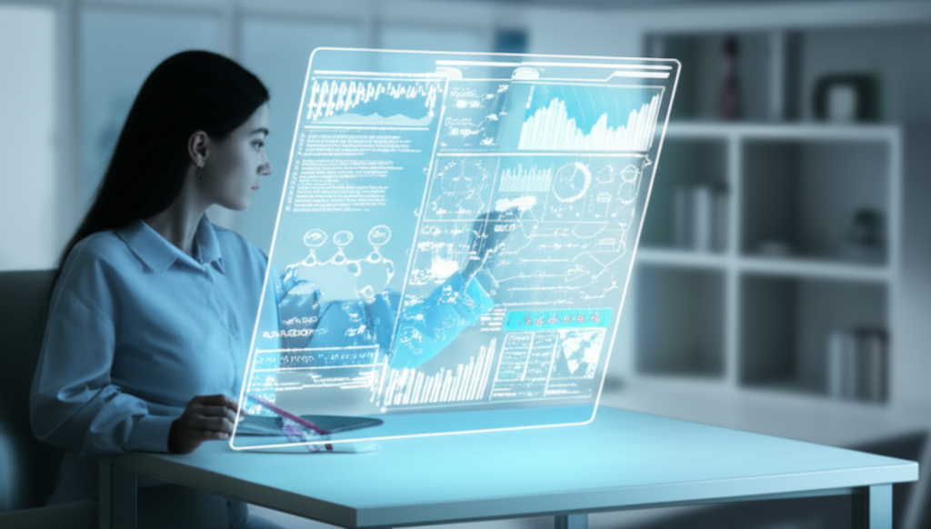 Писатель за рабочим столом использует лучшие инструменты ИИ для писателей 2025 на футуристическом интерфейсе.