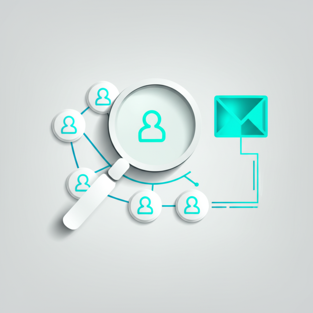 Схематичное изображение, где лучшие инструменты поиска адресов электронной почты анализируют данные для нахождения контактов.