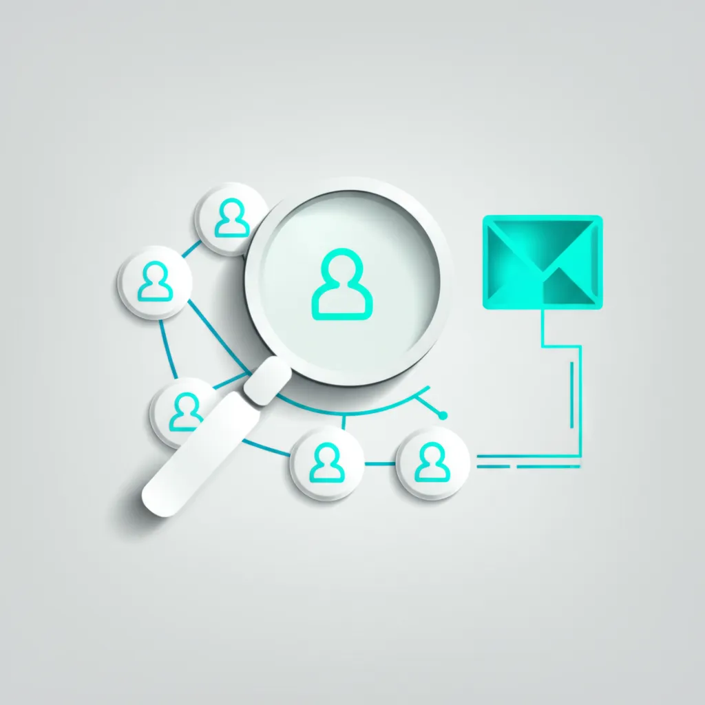 Схематичное изображение, где лучшие инструменты поиска адресов электронной почты анализируют данные для нахождения контактов.