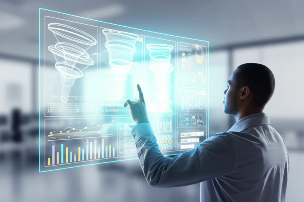 Специалист анализирует данные, которые показывают лучшие инструменты продаж ИИ на голографическом экране