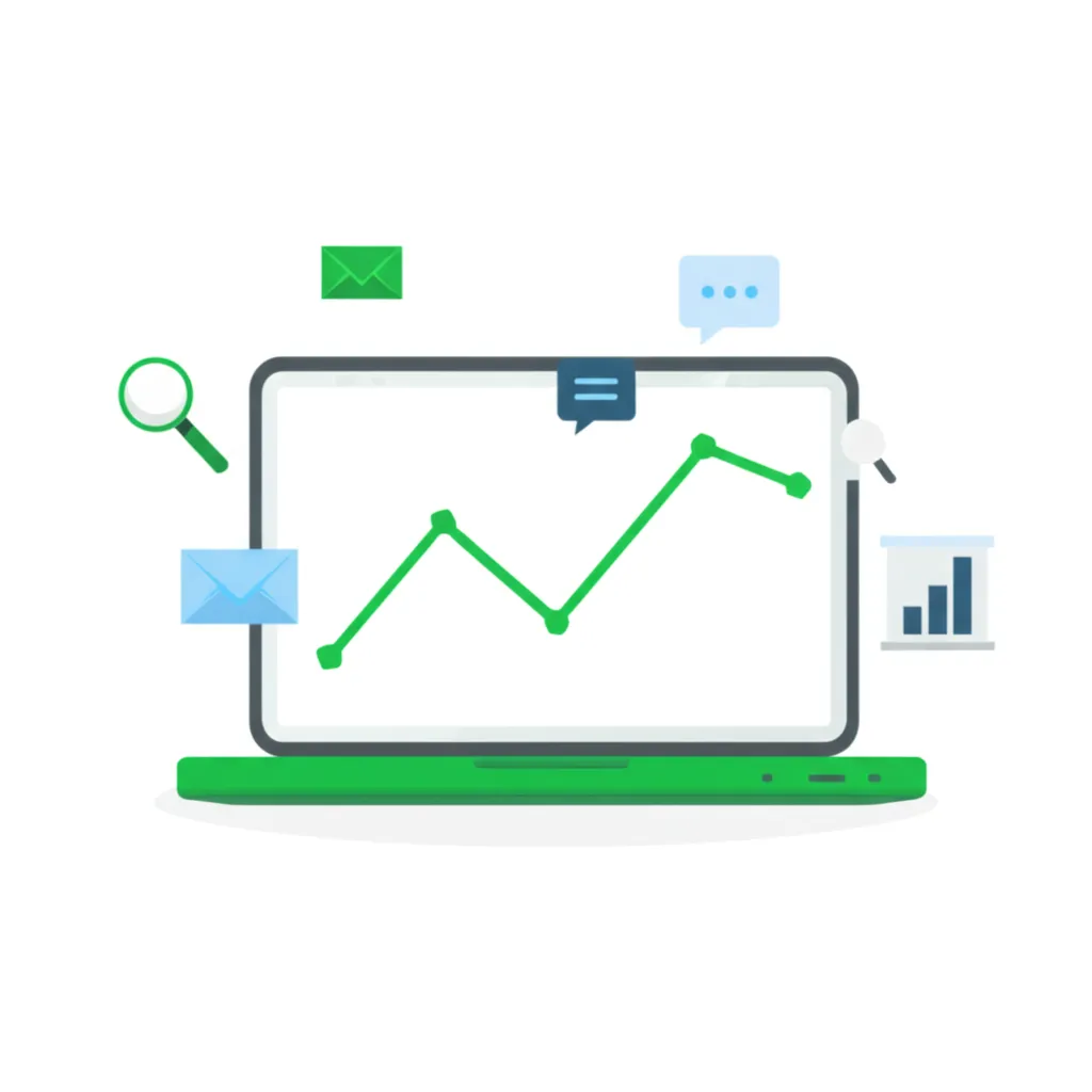 Ноутбук и иконки, символизирующие лучшие инструменты цифрового маркетинга для малого бизнеса.