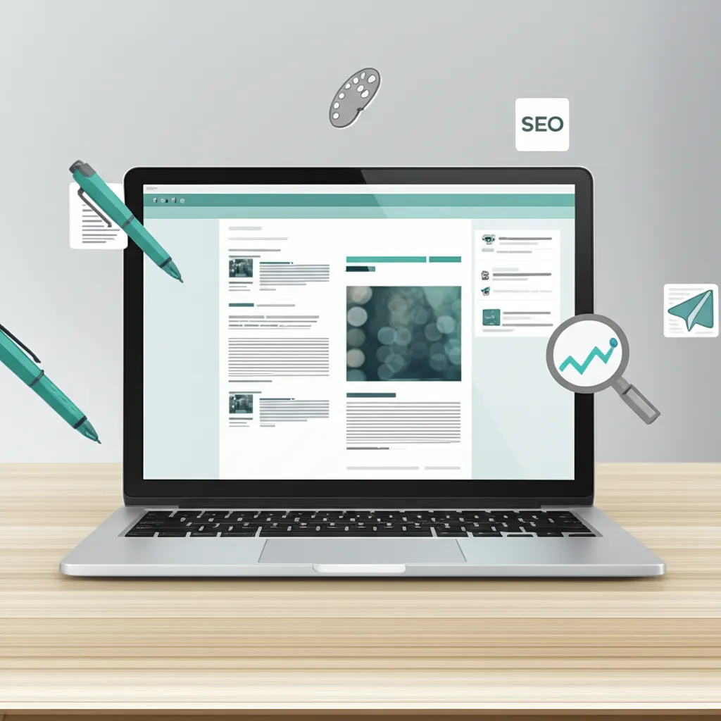 Современное рабочее место с ноутбуком, где показаны лучшие инструменты ведения блога 2025