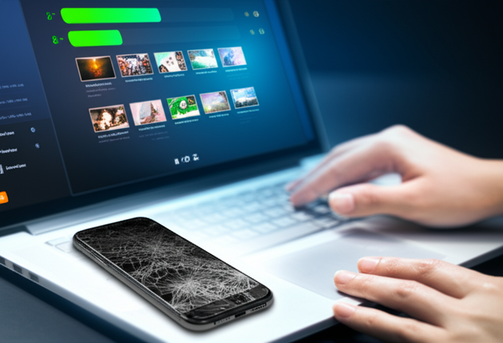 Процесс работы лучшие инструменты восстановления данных iPhone iPad: на экране ноутбука видны восстановленные файлы с поврежденного смартфона.