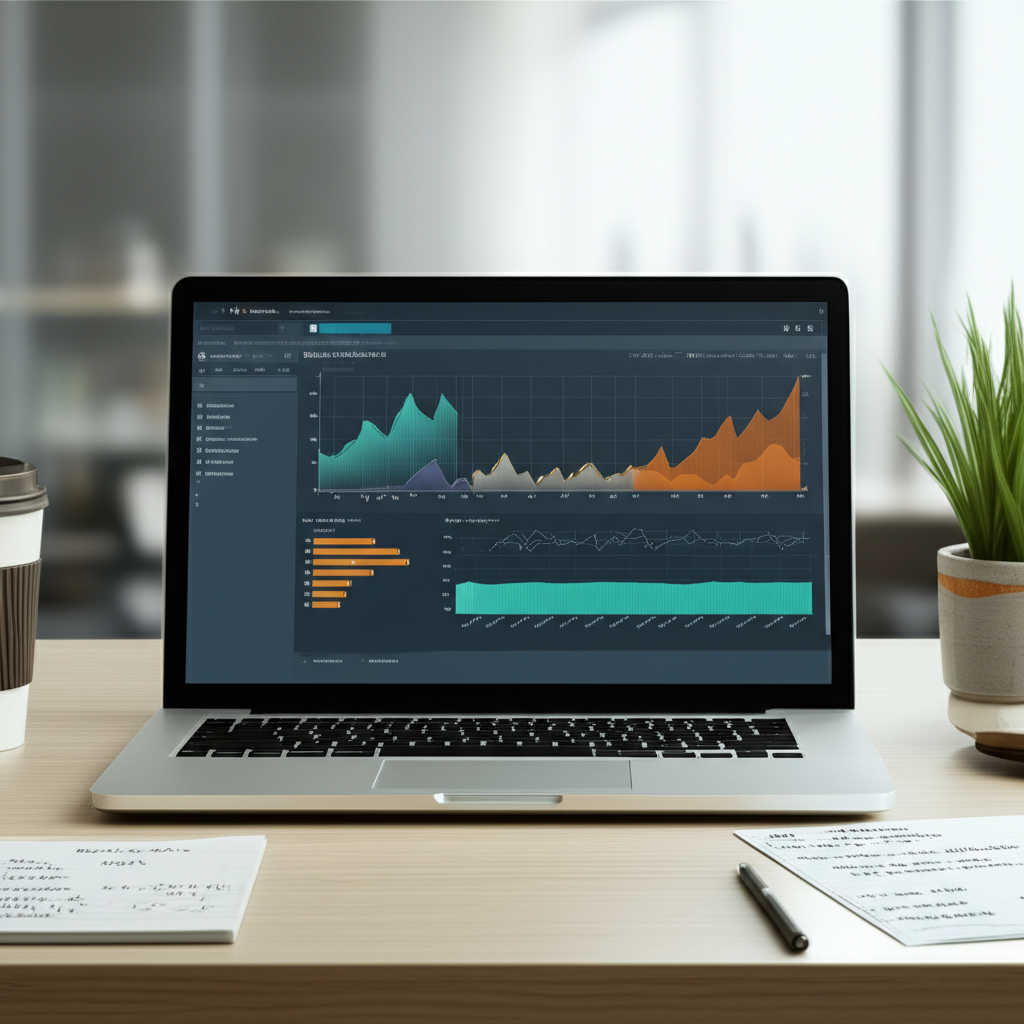 Студент анализирует лучшие курсы Power BI Udemy 2025 на ноутбуке с дашбордами
