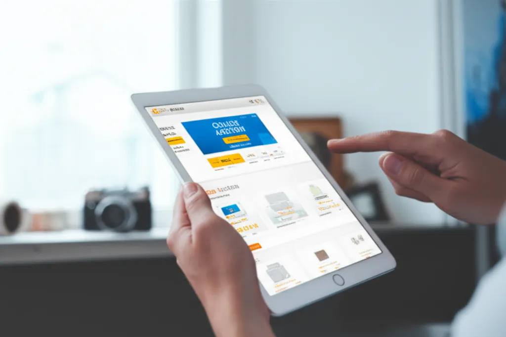 Человек делает ставку, выбирая лучшие онлайн аукционы 2025 на своем планшете в современной комнате.