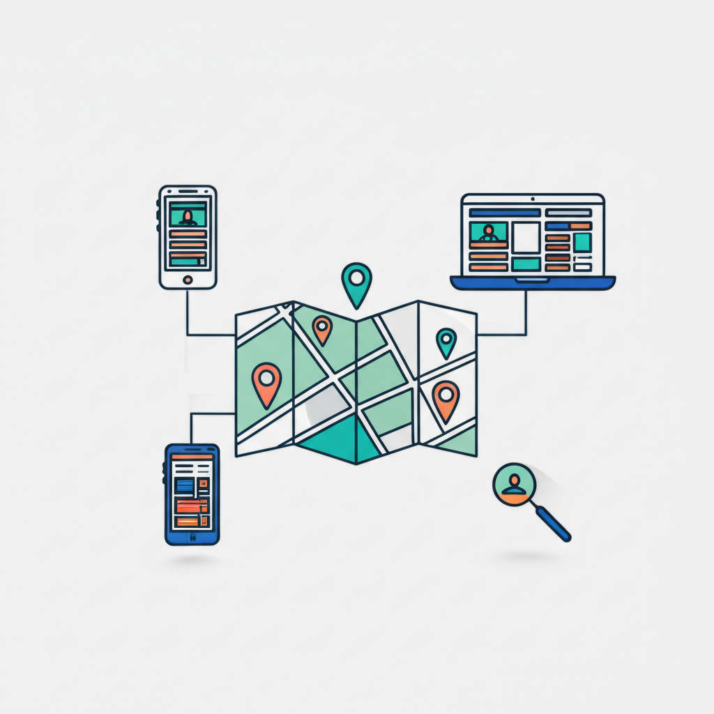 Инфографика, где лучшие онлайн каталоги сайты объявлений местного бизнеса показаны в виде карты с точками и связями с устройствами.