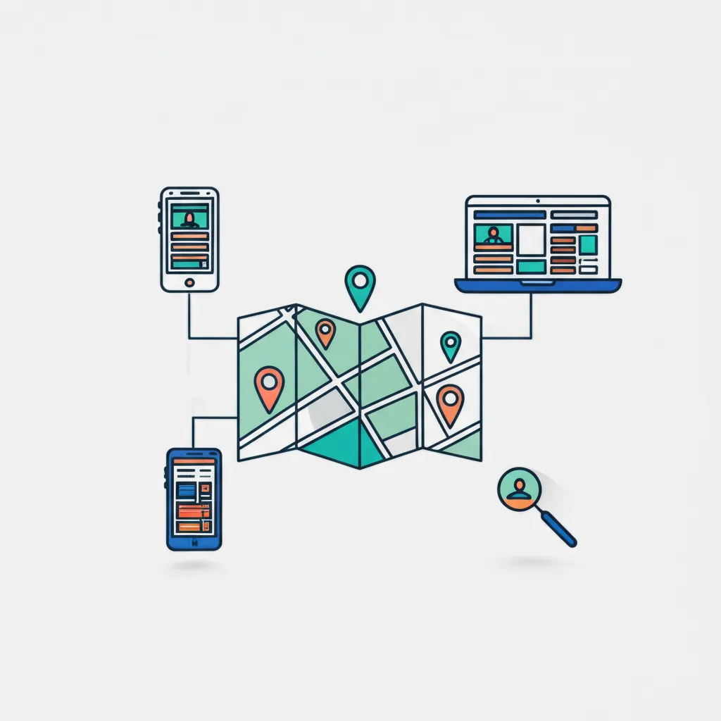 Инфографика, где лучшие онлайн каталоги сайты объявлений местного бизнеса показаны в виде карты с точками и связями с устройствами.