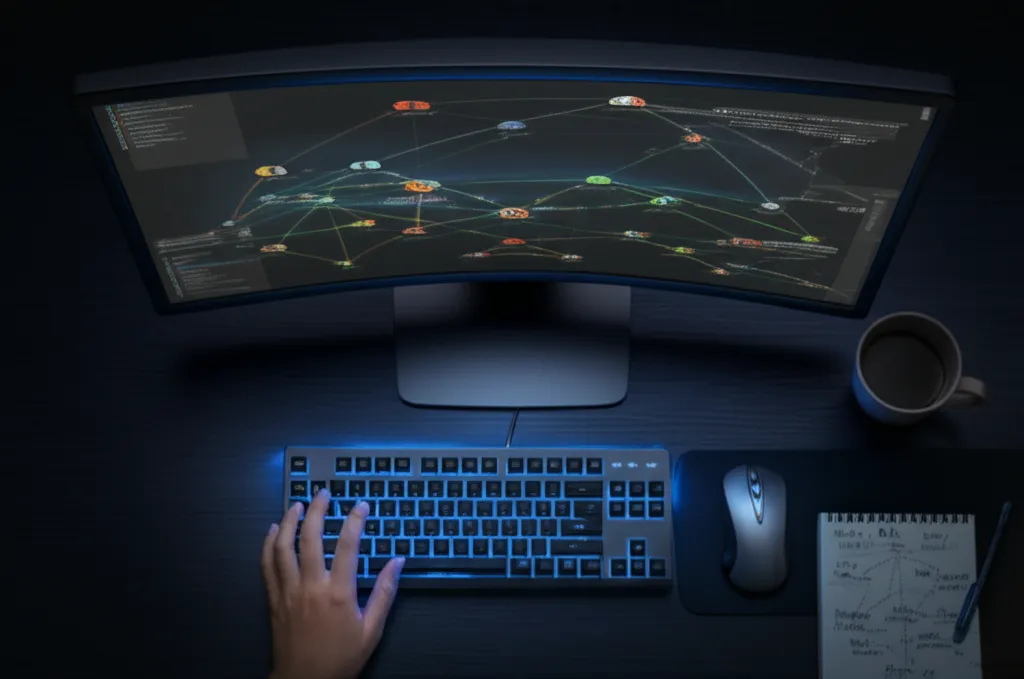 Специалист использует лучшие OSINT-инструменты для тестирования на проникновение, анализируя цифровой след на мониторе.