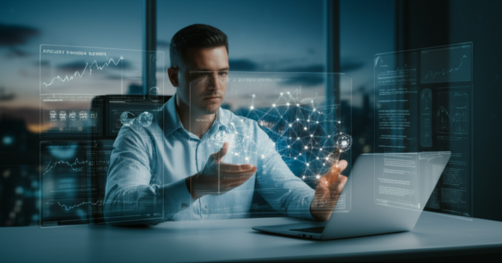 Инфографика, иллюстрирующая лучшие партнерские программы AI с графиками роста дохода и иконками технологий.