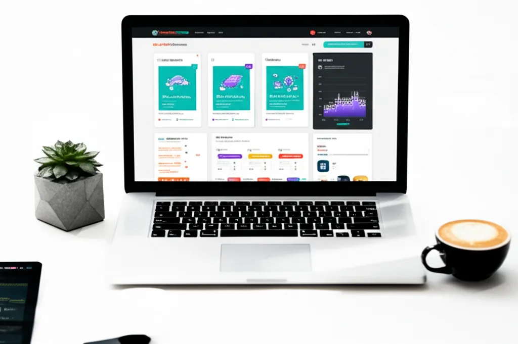 Стилизованное рабочее место с ноутбуком, на экране которого видны лучшие плагины WooCommerce