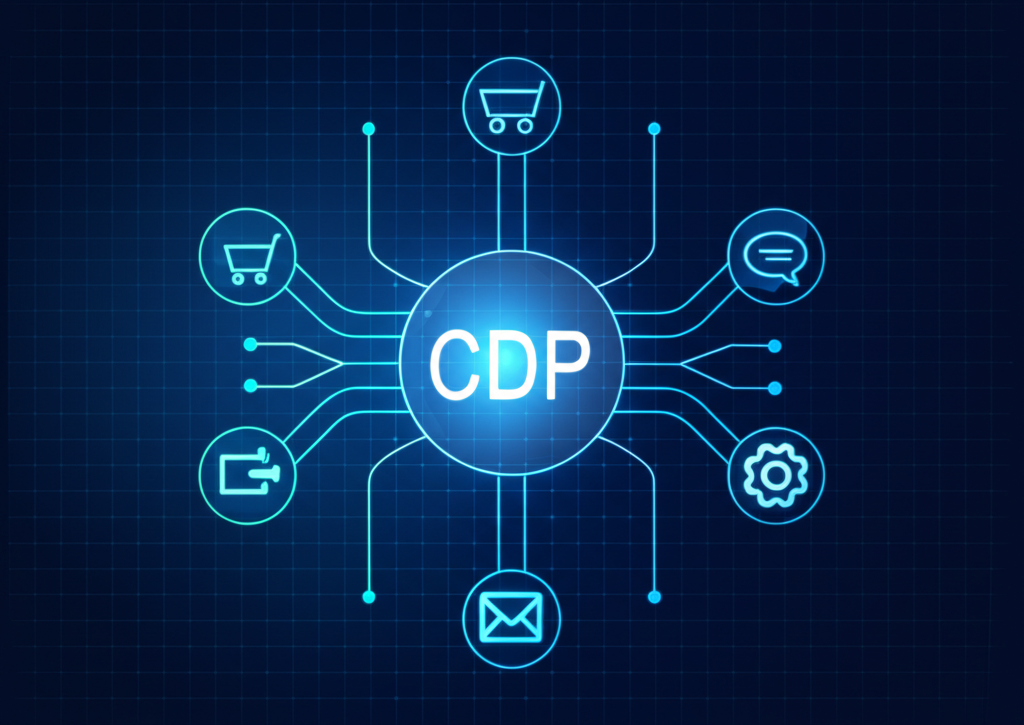 Схематичное изображение, которое показывают лучшие платформы данных клиентов для бизнеса в виде центрального хаба.