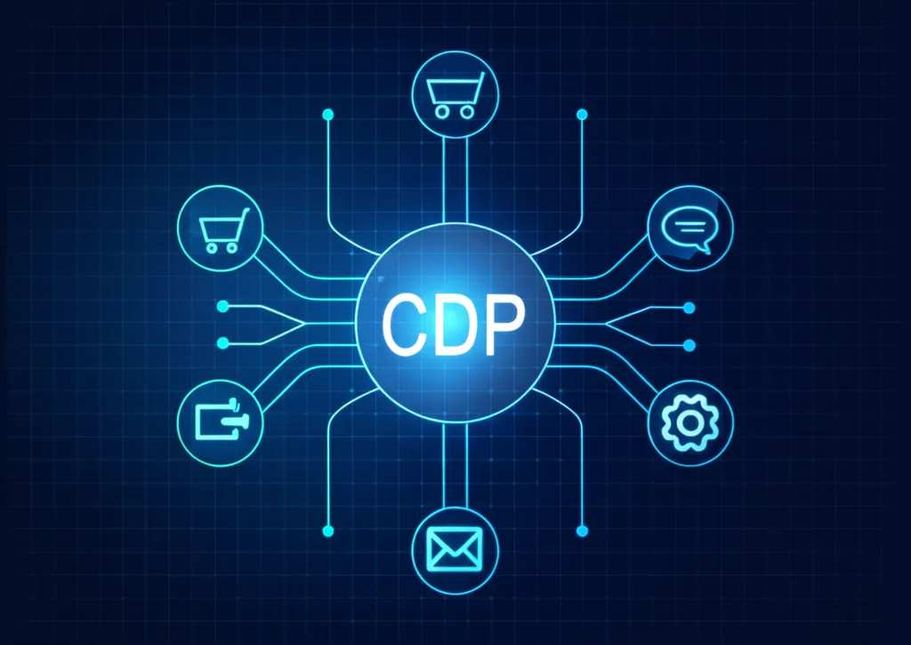 Схематичное изображение, которое показывают лучшие платформы данных клиентов для бизнеса в виде центрального хаба.