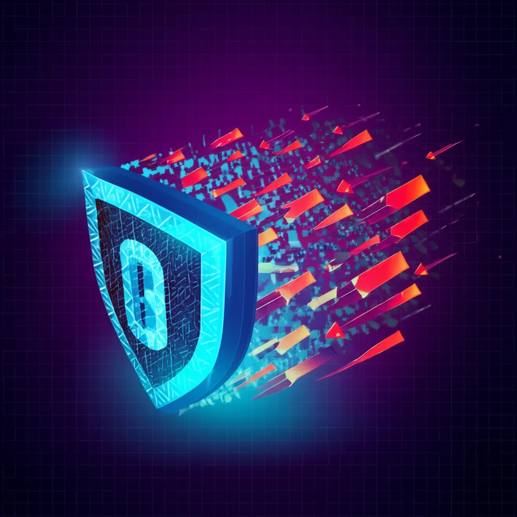 Инфографика, где лучшие поставщики защиты от DDoS атак 2025 в виде цифрового щита отражают поток вредоносного трафика.