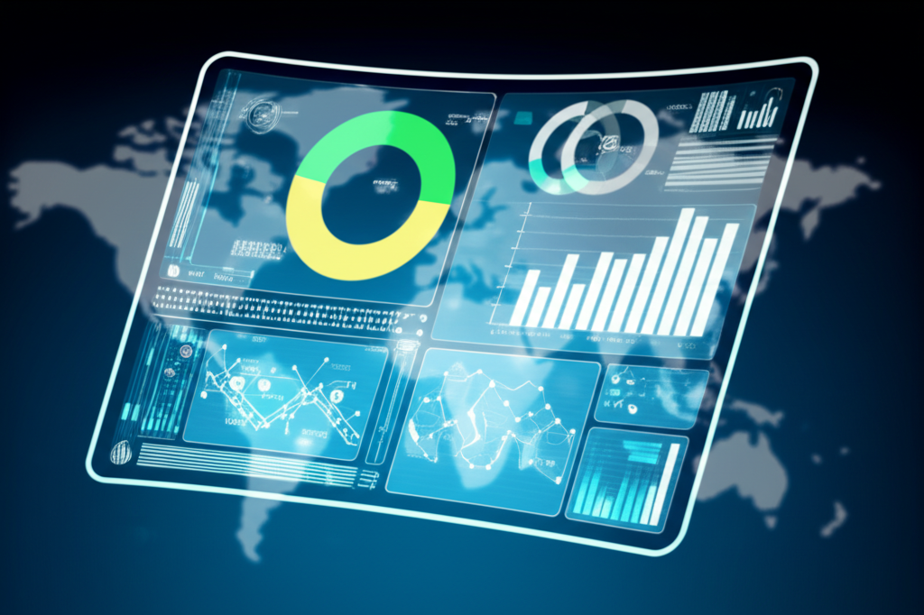 Инфографика, демонстрирующая лучшие PR инструменты 2025 на экране футуристичного интерфейса.