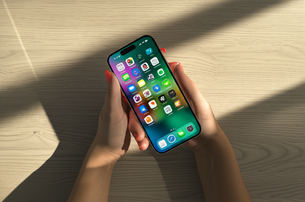 Лучшие приложения для iPhone iOS 2025 на экране футуристичного смартфона.