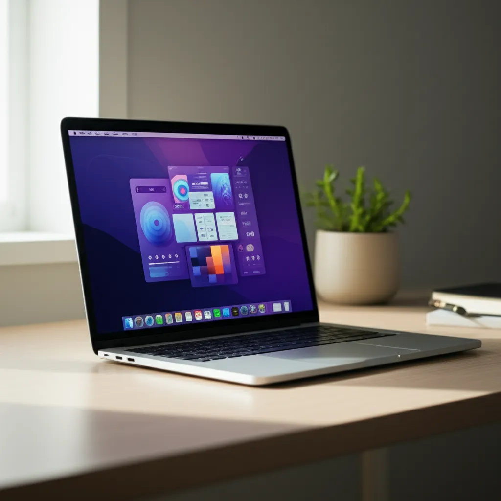 Современный рабочий стол, где представлены лучшие приложения для Mac 2025 на экране ноутбука.