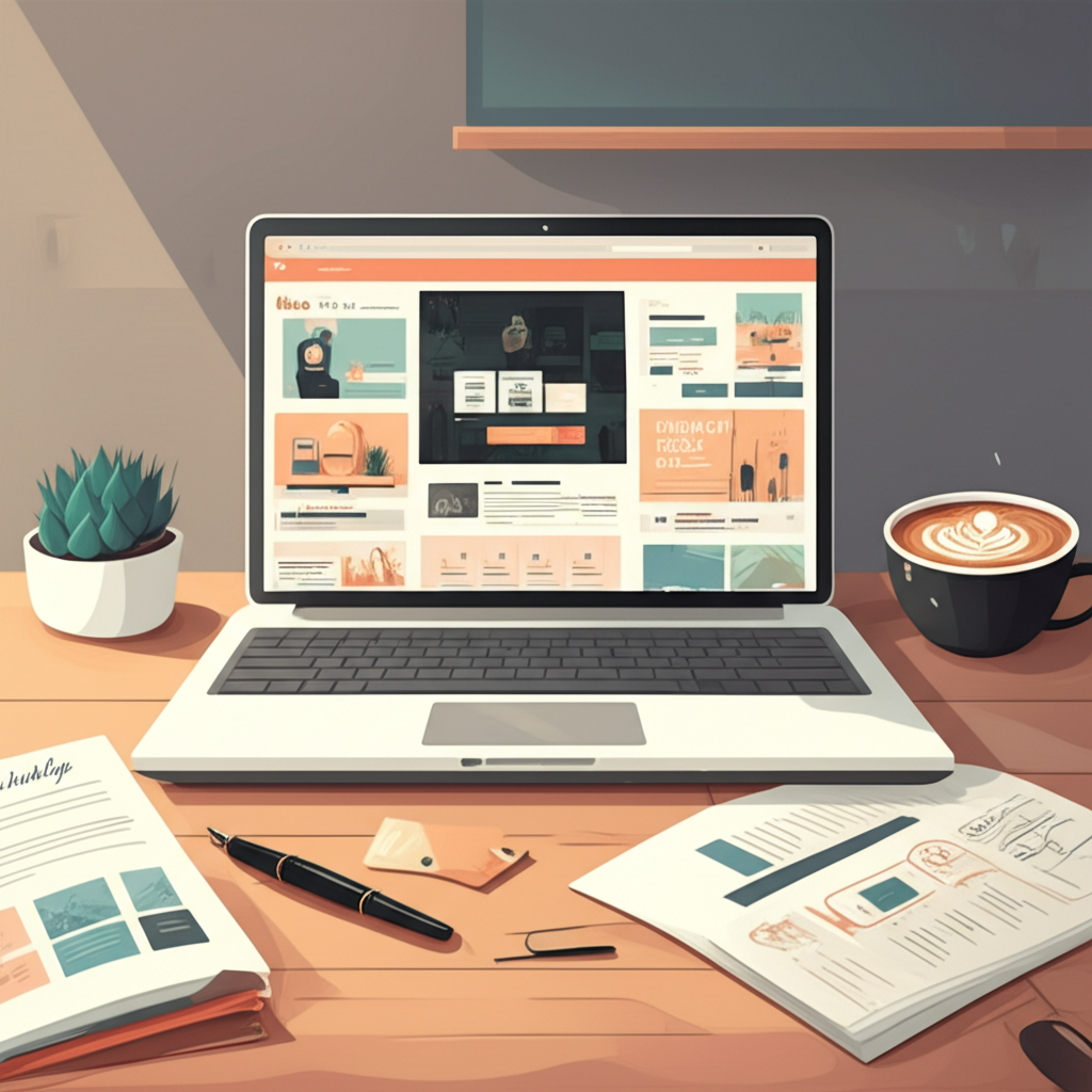 Креативный рабочий стол с ноутбуком, где показаны примеры блогов для создания контента