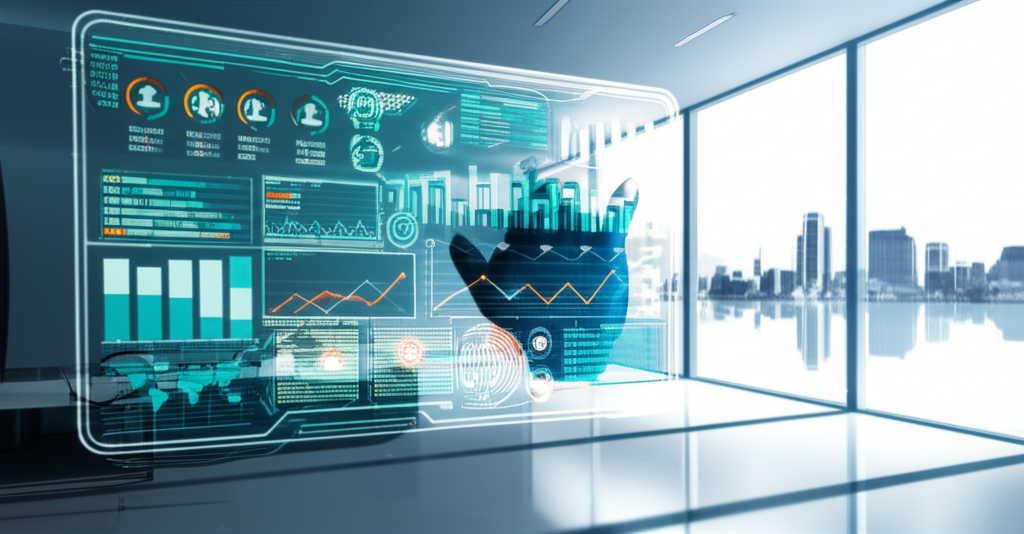 Лучшие программные инструменты CRM 2025 года на экране футуристического интерфейса.