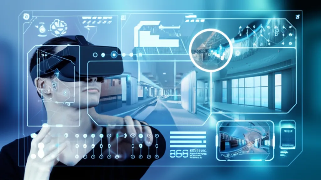 Человек в VR-очках использует лучшие программы для создания VR и 360 туров на голографическом интерфейсе.
