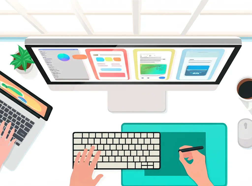 Рабочий стол дизайнера, на котором открыты лучшие программы по дизайну для начинающих 2025 на большом мониторе.