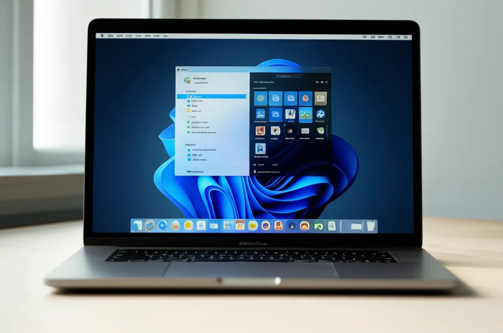 Современный ноутбук, на котором запущены лучшие программы виртуализации рабочего стола mac windows, демонстрируя интерфейсы обеих систем.