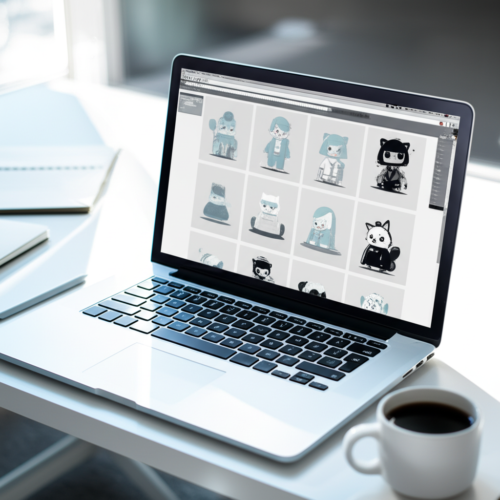 Дизайнер просматривает лучшие сайты бесплатных векторных изображений 2025 на своем ноутбуке в поисках вдохновения.