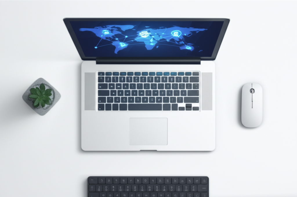 Стилизованное изображение MacBook на рабочем столе, демонстрирующее лучшие VPN для Mac 2025 с картой безопасных соединений.