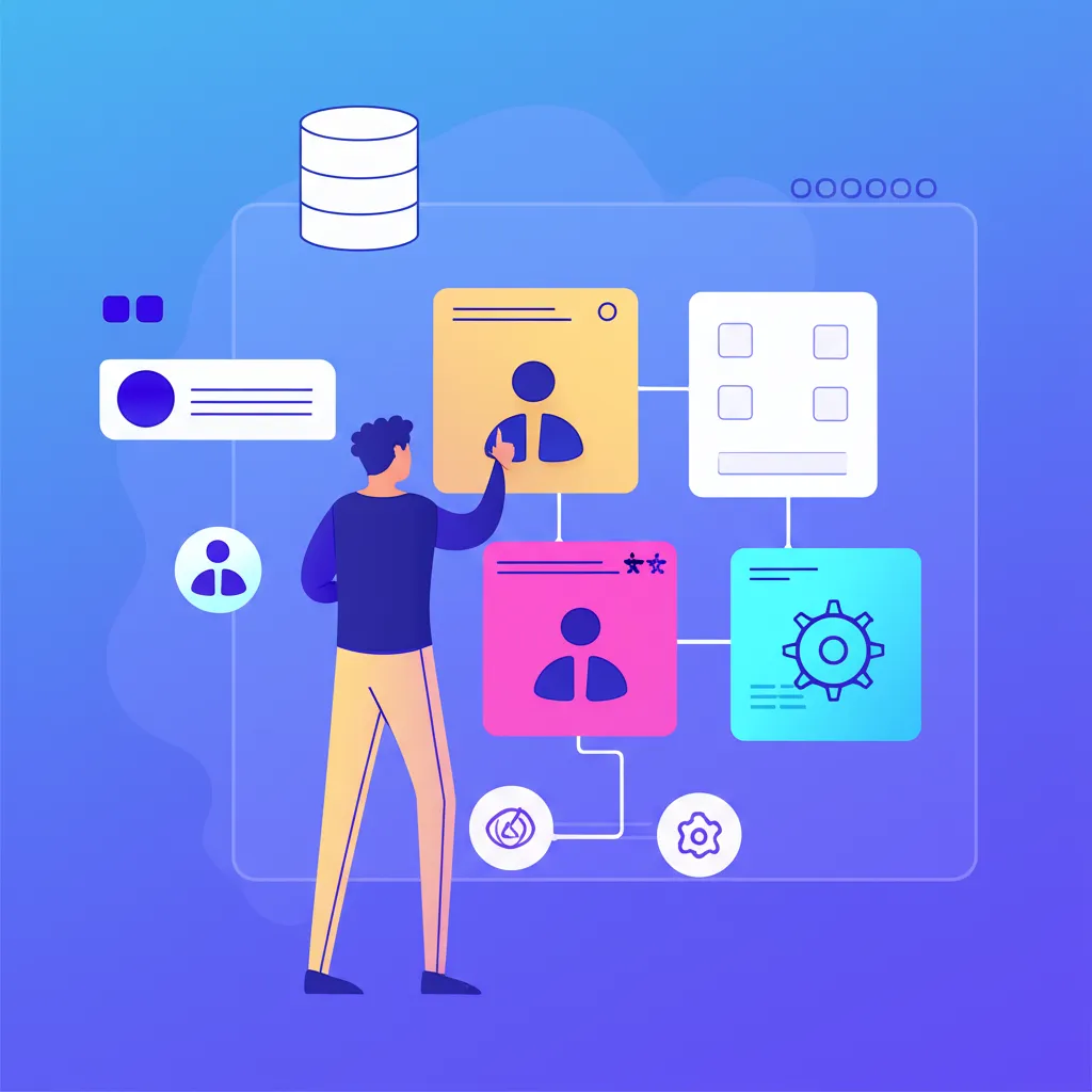 Инфографика, где пользователь выбирает лучший конструктор приложений без кода 2025 с помощью визуального интерфейса.