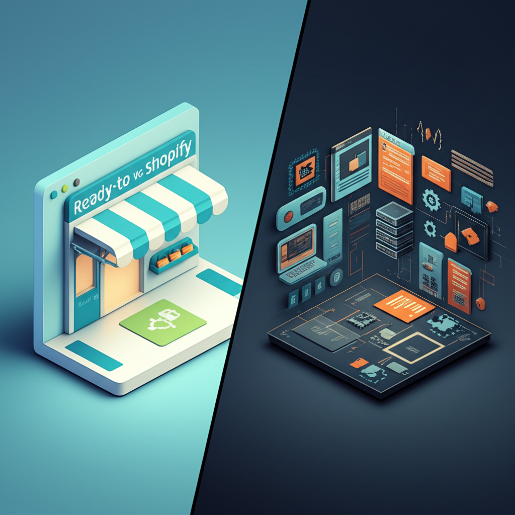 Детальное сравнение magento vs shopify на концептуальном изображении двух разных подходов к созданию интернет-магазина.