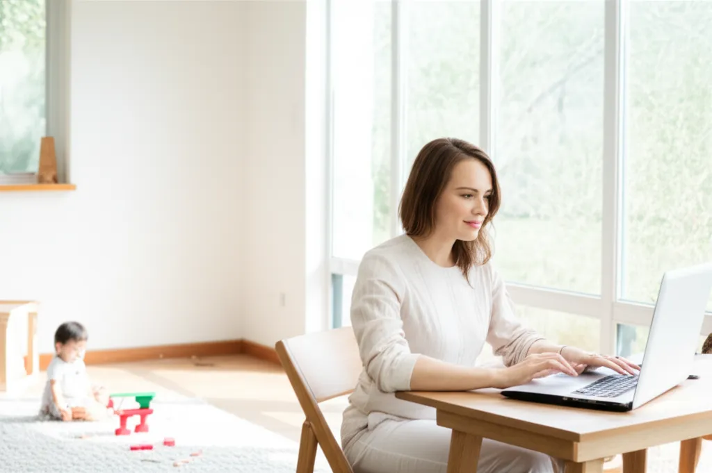 Успешная мама предприниматель 2025 работает за ноутбуком в светлом домашнем офисе