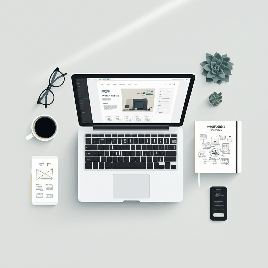 Стол фрилансера, на котором показан эффективный маркетинг для фрилансеров поиск клиентов веб дизайна: ноутбук с дизайн-проектом и блокнот со стратегией.