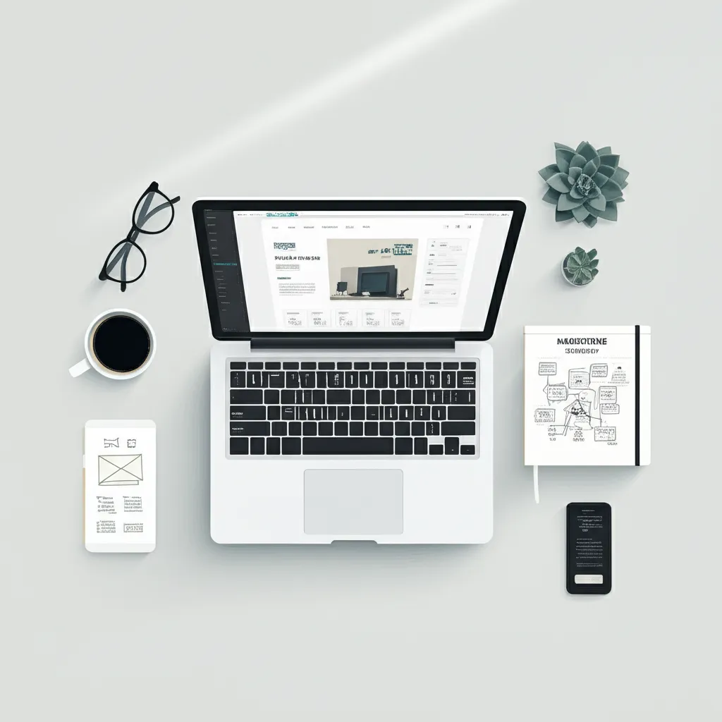 Стол фрилансера, на котором показан эффективный маркетинг для фрилансеров поиск клиентов веб дизайна: ноутбук с дизайн-проектом и блокнот со стратегией.