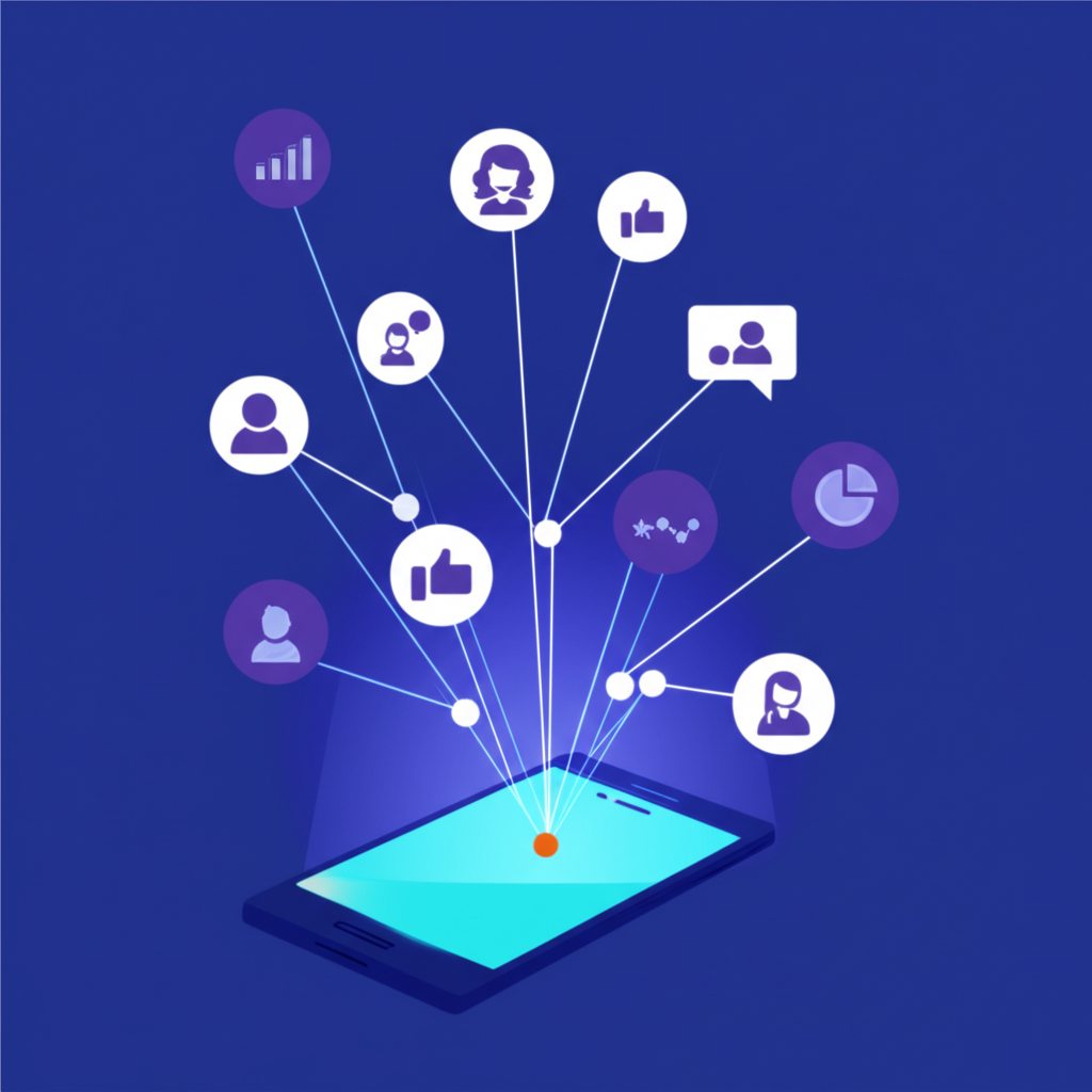 Современный маркетинг в социальных сетях: инфографика с иконками, графиками и взаимодействием пользователей.