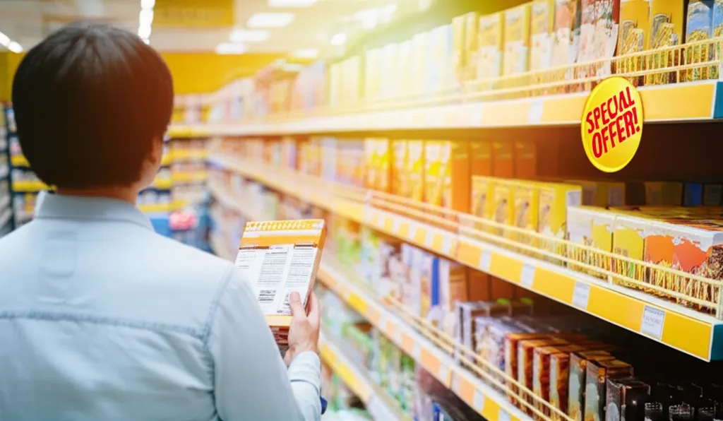 Иллюстрация, демонстрирующая маркетинговые уловки в розничной торговле на примере выкладки товара.