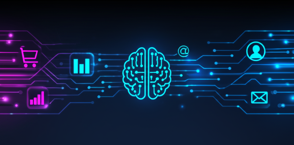 Инфографика, иллюстрирующая машинное обучение и маркетинг инструменты в действии.