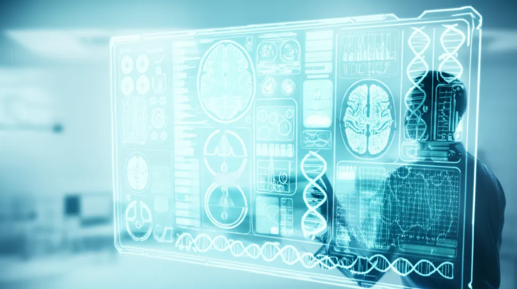 Аналитик работает с большими данными, изучая медицинские датасеты на футуристическом интерфейсе.