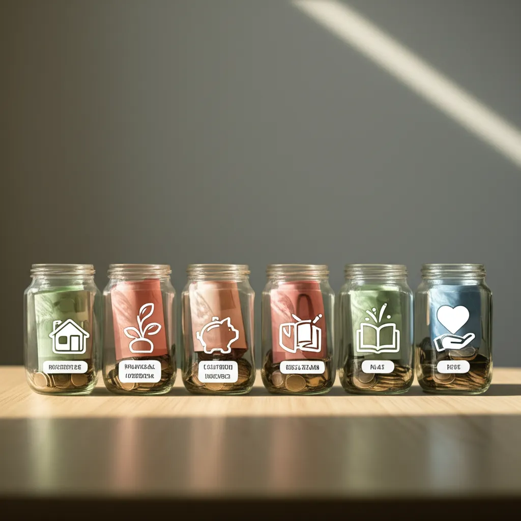 Шесть стеклянных банок с деньгами, иллюстрирующие метод кувшинов экономия для управления бюджетом.