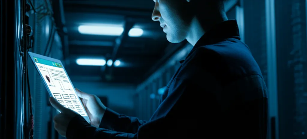 Профессиональное мобильное приложение для техников: работает без связи, открытое на планшете у специалиста в техническом помещении.