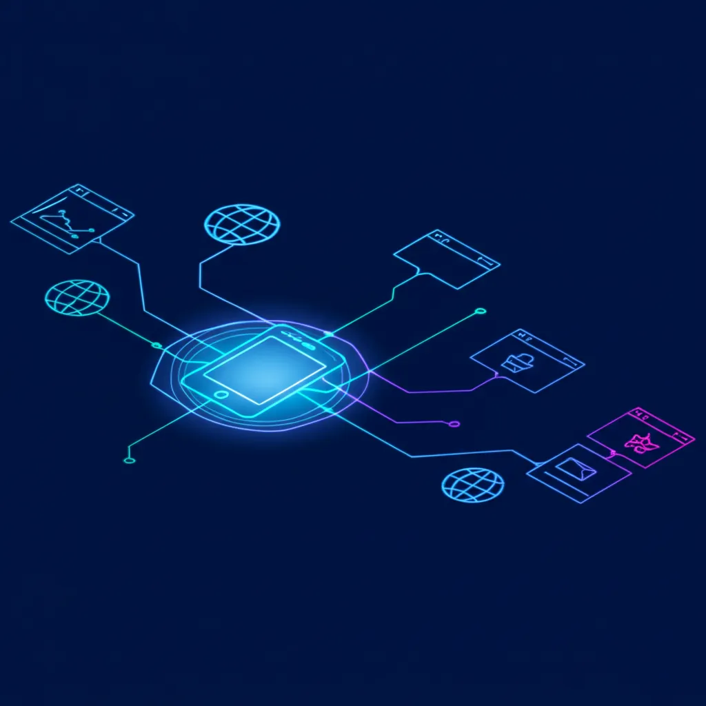 Схематичная иллюстрация, которая показывает как работают мобильные прокси для извлечения веб-данных, обеспечивая анонимность и доступ.