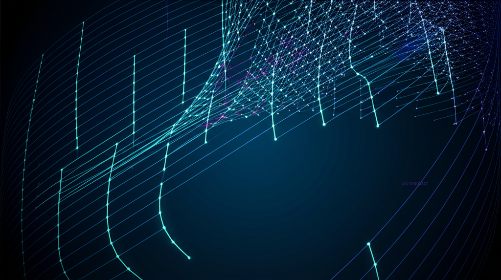 Абстрактная визуализация сети данных, представляющая наборы датасетов для анализа и машинного обучения.