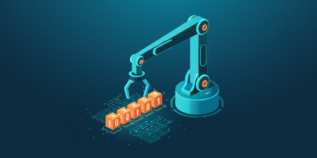 Иллюстрация, символизирующая написание парсеров: роботизированная рука извлекает данные из структуры веб-сайта.